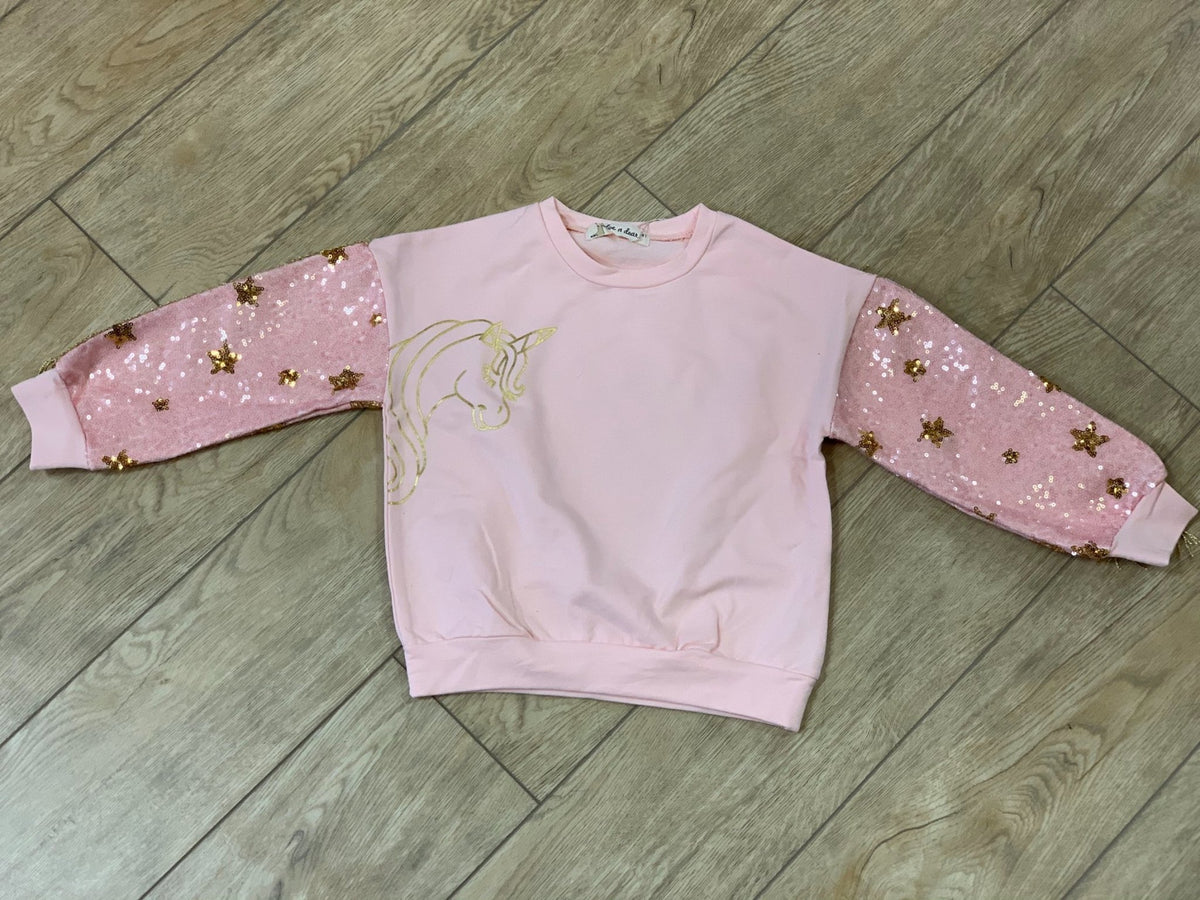 Doe a Dear Girls With Unicorn Sequin Fringe Pink HONEYPIEKIDS Sweatshirt | Sleeves 