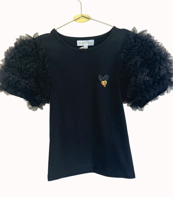 Angel's Face Jena Black and Gold Sparkle Puff Sleeve Top