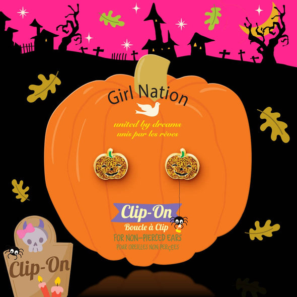 Girl Nation Halloween Glitter Pumpkin Kids Clip On Earrings | HONEYPIEKIDS