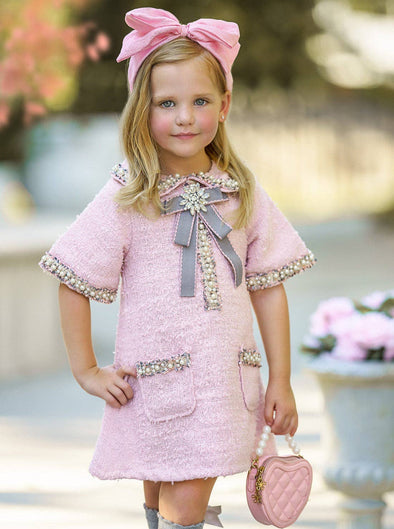 Girls Pink and Pearl Bow Tweed Dress | HONEYPIEKIDS | Kids Boutique Clothing