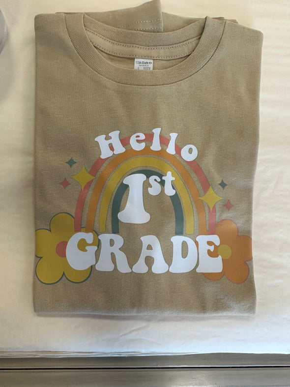 HELLO 1ST GRADE Retro Rainbow Girls First Day of School T-Shirt | HONEYPIEKIDS | Kids Boutique Clothing