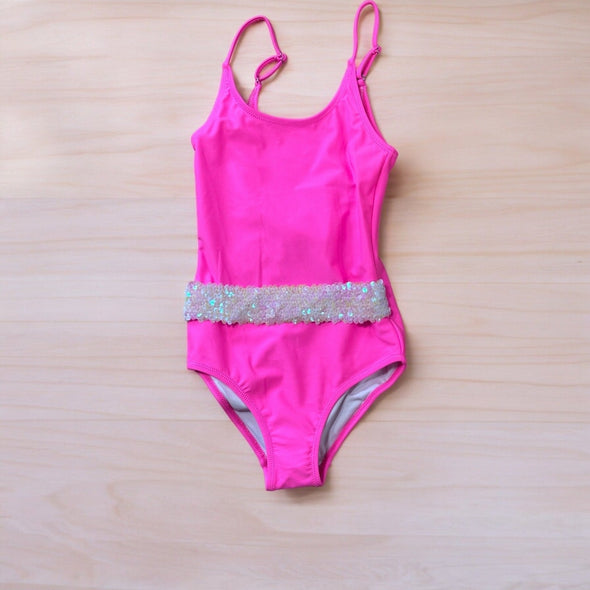 Metallic Hot Pink Iridescent Sequin Belt Girls One Piece Swimsuit | HONEYPIEKIDS