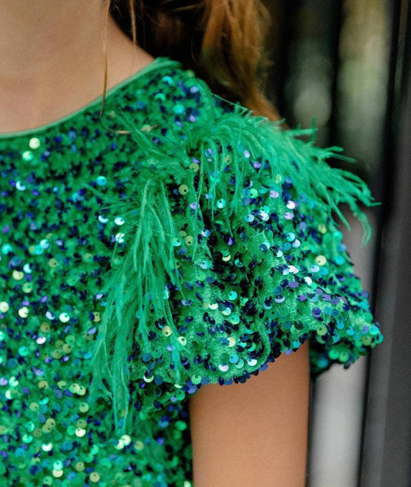 Lola and The Boys Emerald Green Sequin and Feather Dress | HONEYPIEKIDS