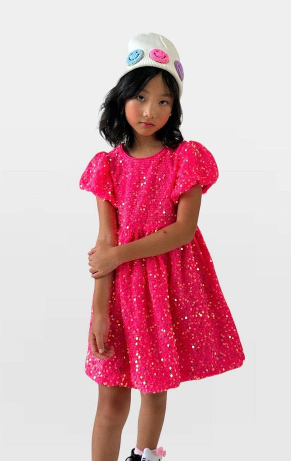 Lola and The Boys Margot Hot Pink Velour Sequin Dress | HONEYPIEKIDS