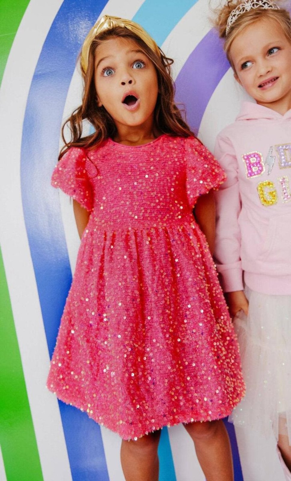 Lola and The Boys Margot Hot Pink Velour Sequin Dress HONEYPIEKIDS