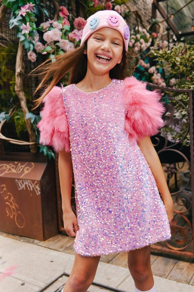 Lola and the Boys Rose Sequin Feather Shoulder Sequin Dress | HONEYPIEKIDS.COM