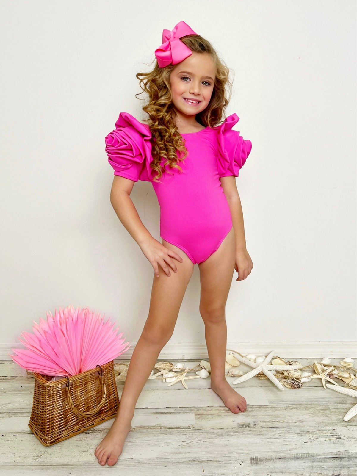 Mia Belle Girls Blooming Rose Pink One Piece Swimsuit