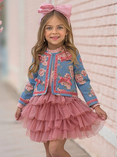 Mia Belle Girls Floral Blazer and Pink Tiered Tutu Skirt Set | HONEYPIEKIDS