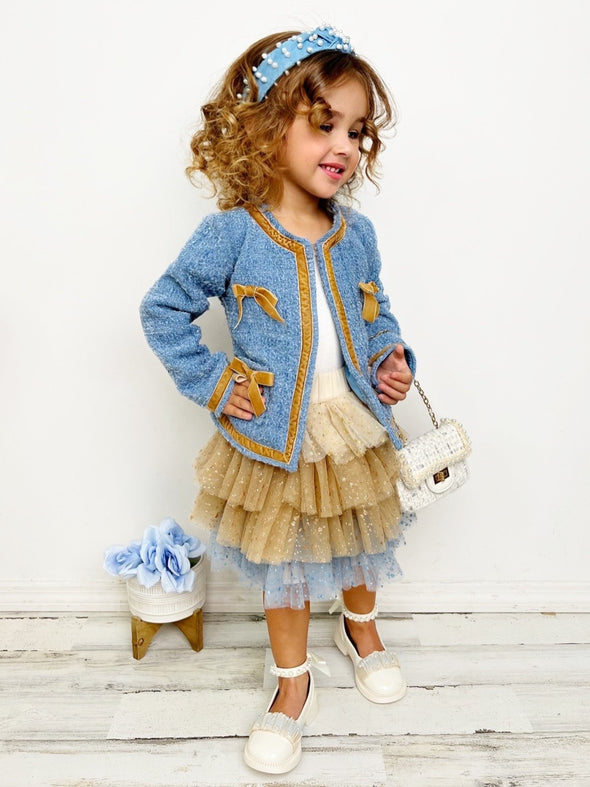 Mia Belle Girls Hello Darling Girls Blue Tweed Jacket & Tulle Skirt | HONEYPIEKIDS