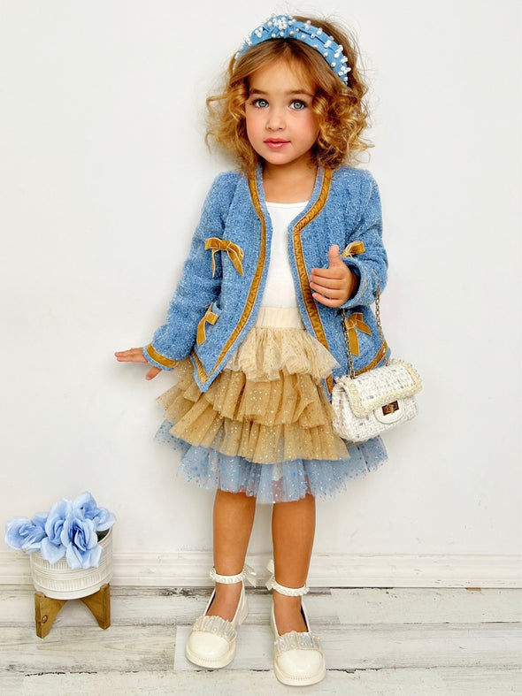 Mia Belle Girls Hello Darling Girls Blue Tweed Jacket & Tulle Skirt | HONEYPIEKIDS