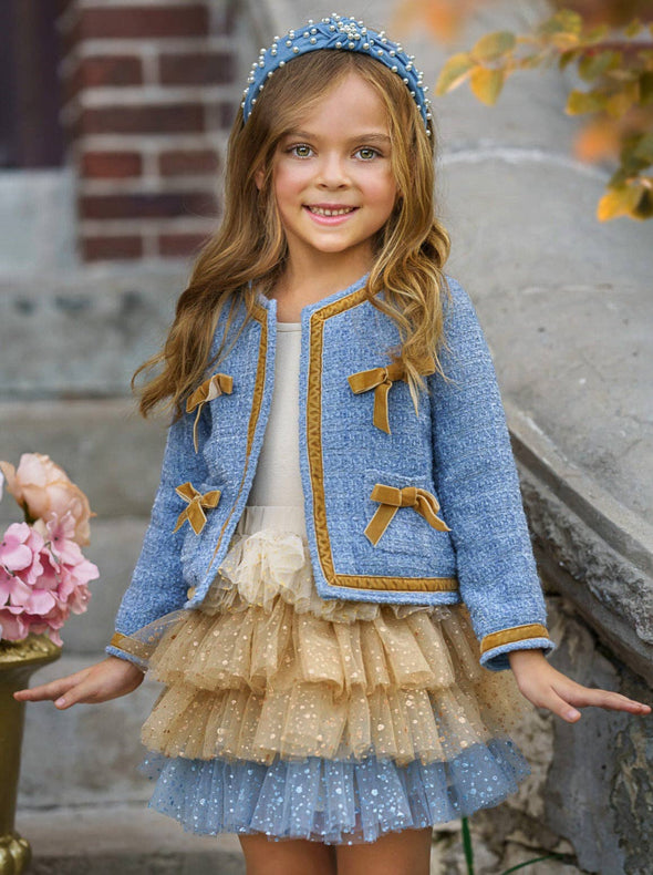 Mia Belle Girls Hello Darling Girls Blue Tweed Jacket & Tulle Skirt | HONEYPIEKIDS