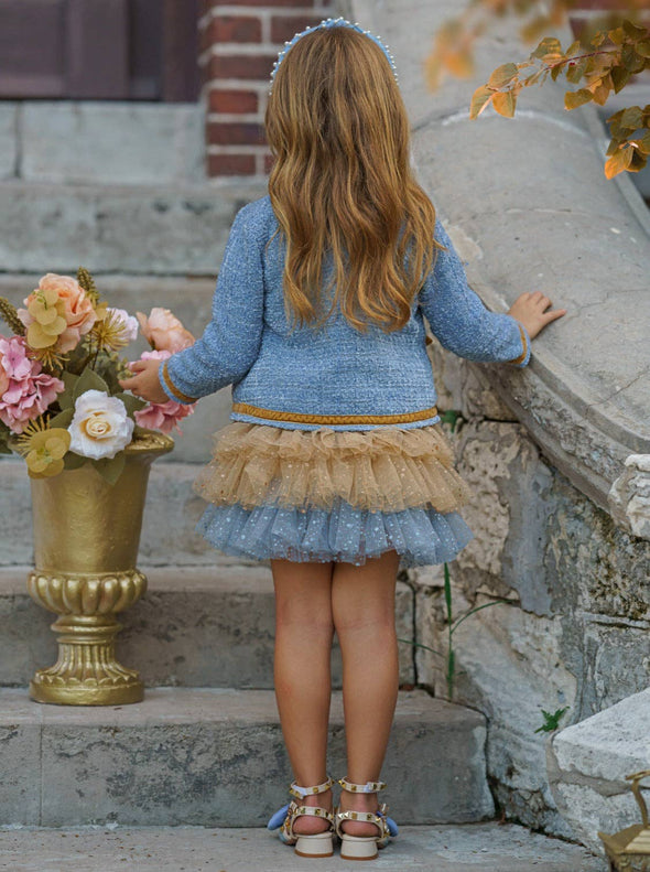 Mia Belle Girls Hello Darling Girls Blue Tweed Jacket & Tulle Skirt | HONEYPIEKIDS