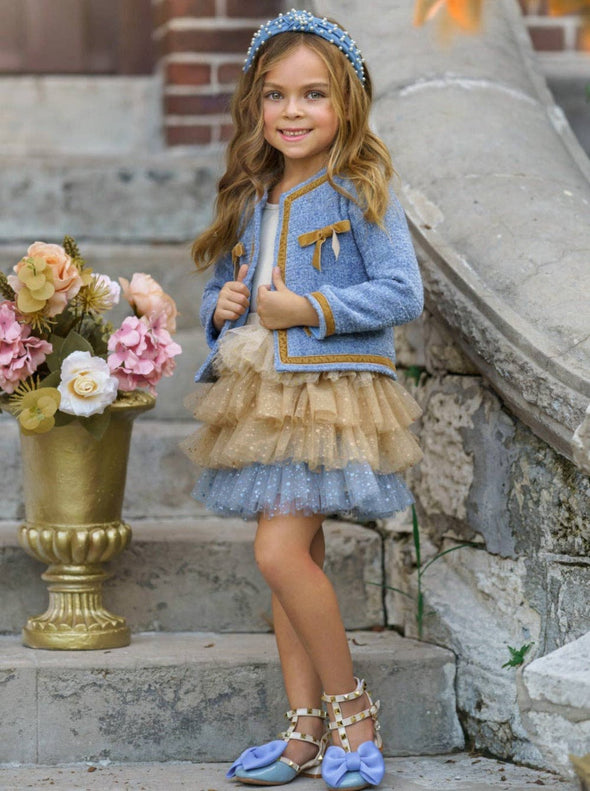 Mia Belle Girls Hello Darling Girls Blue Tweed Jacket & Tulle Skirt | HONEYPIEKIDS