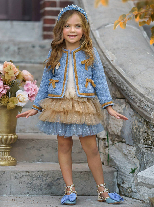 Mia Belle Girls Hello Darling Girls Blue Tweed Jacket & Tulle Skirt | HONEYPIEKIDS