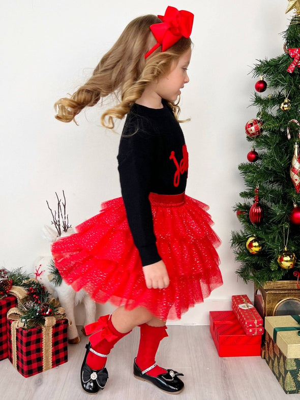 Mia Belle Jolly Embroidered Sweater and Glitter Tutu Skirt Set | HONEYPIEKIDS 