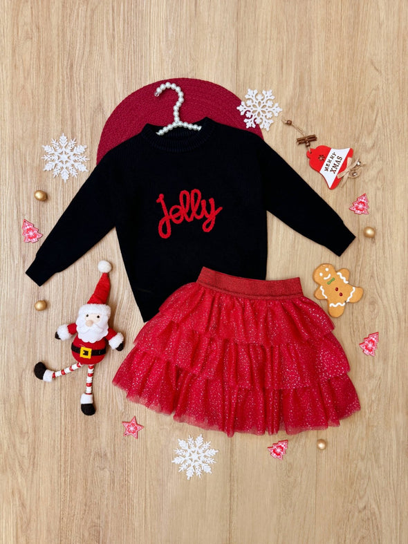 Mia Belle Jolly Embroidered Sweater and Glitter Tutu Skirt Set | HONEYPIEKIDS 