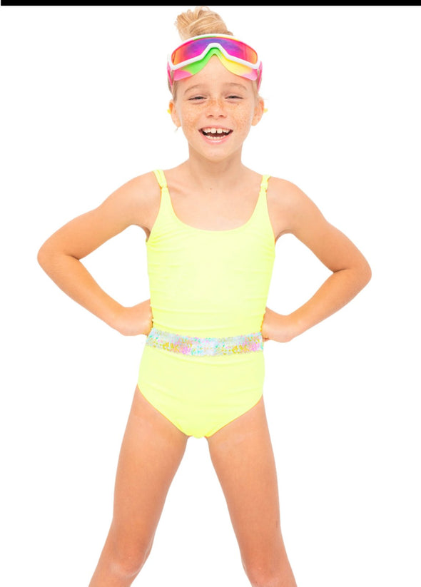 Stella Cove Neon Yellow Sequin Belt Girls One Piece Swimsuit | HONEYPIEKIDS