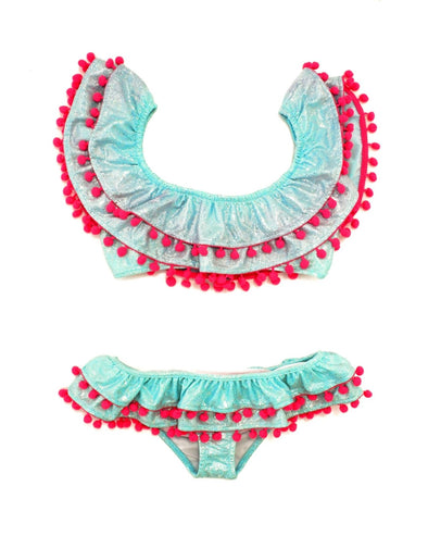 Piccoli Principi Swimwear - Alina Aqua Glitter Pom 2-Piece Swimsuit | HONEYPIEKIDS | Kids Boutique Clothing