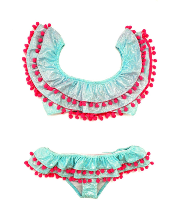 Piccoli Principi Alina Aqua Glitter Pom Pom Two Piece Swimsuit | HONEYPIEKIDS