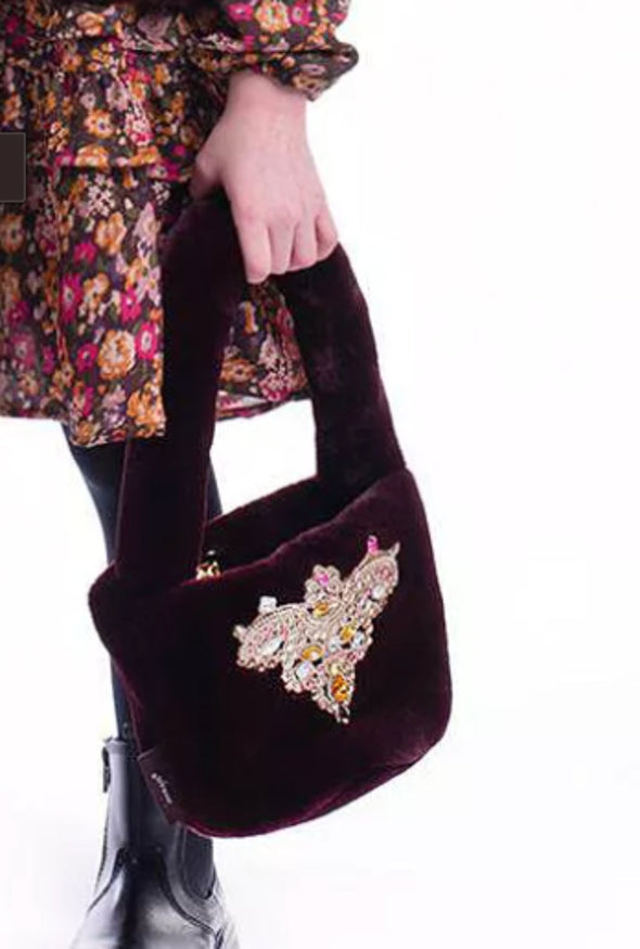 Sandy Faux Fur Jeweled Patch Purse in Burgundy | HONEYPIEKIDS | Kids Boutique Clothing