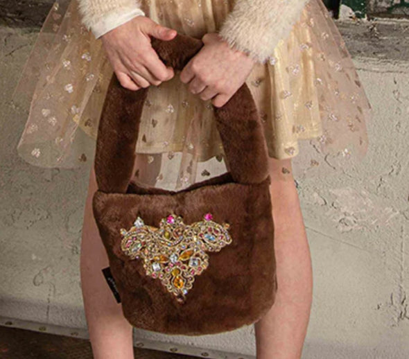 Sandy Faux Fur Jeweled Patch Purse in Oak Brown | HONEYPIEKIDS