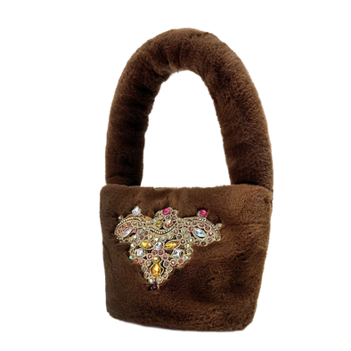 Sandy Faux Fur Jeweled Patch Purse in Oak Brown | HONEYPIEKIDS