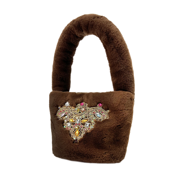 Sandy Faux Fur Jeweled Patch Purse in Oak Brown | HONEYPIEKIDS