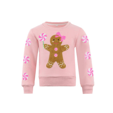 Girls Pink Gingerbread Patched Holiday Crewneck | HONEYPIEKIDS