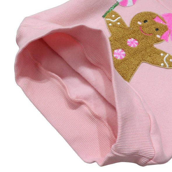 Girls Pink Gingerbread Patched Holiday Crewneck | HONEYPIEKIDS