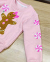 Girls Pink Gingerbread Patched Holiday Crewneck | HONEYPIEKIDS