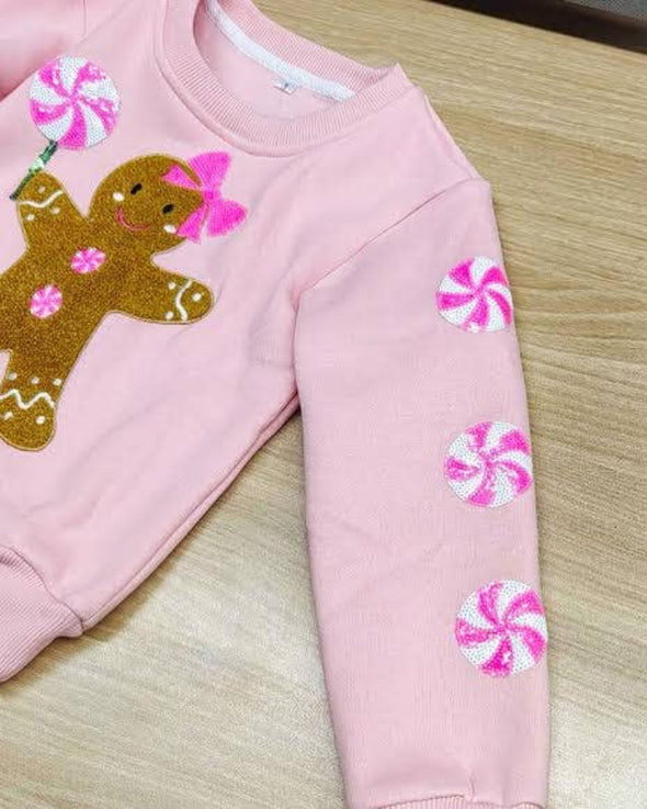 Girls Pink Gingerbread Patched Holiday Crewneck | HONEYPIEKIDS